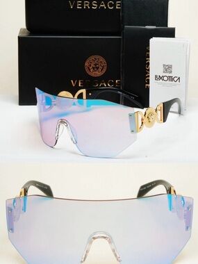 Versace Iridescent Pink-Blue Shield Sunglasses with Gold Accents NWT!